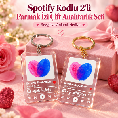 Spotify Kodlu 2'li Parmak İzi Sevgili Anahtarlığı – Romantik Çift Seti